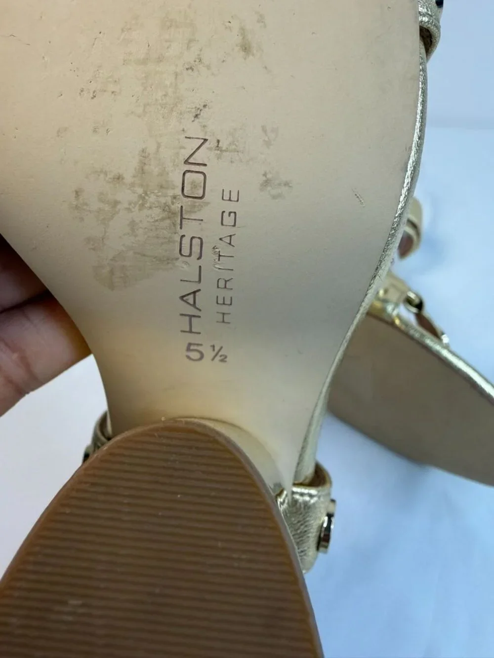 Halston Heritage Mica Sandal Womens Size 5.5M Gold & Bronze Studded Block Heel - Picture 11 of 15